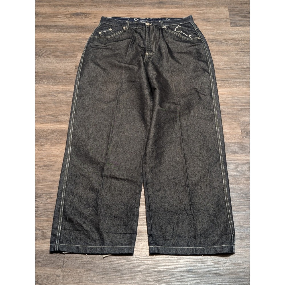 Karl Kani Baggy Barrel Jeans Dark Wash Black Distressed 38x32 Y2K Streetwear - Picture 2 of 9